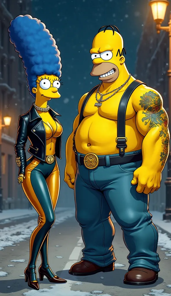 "A hyperrealistic illustration of Marge and Homer Simpson dressed in mafia style in a realistic city street setting. Marge stands out with her blue high bouffant hair, and wears a stylish leather jacket, gold accessories, and two-tone (blue and gold) skinn...