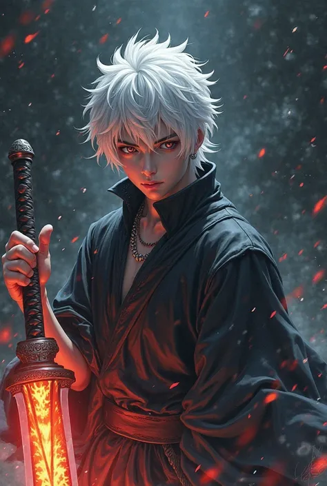 Dark Black background, a boy like Sasuke Uchiha  white hair holding a sword with amathirasu in his hand and a with white lights behind him, Cedric Seaut (Keos Masons), shock art, anime visual, an anime drawing in fight close and straight look