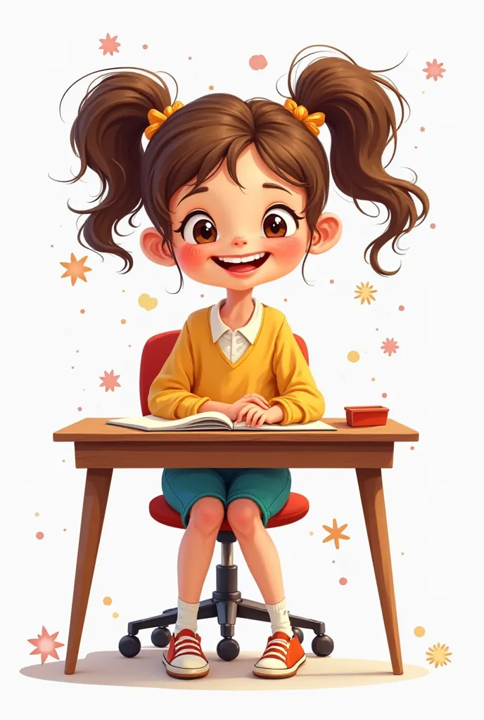 character with a happy and smiling face,  girl sitting at a desk, cartoon design on white background