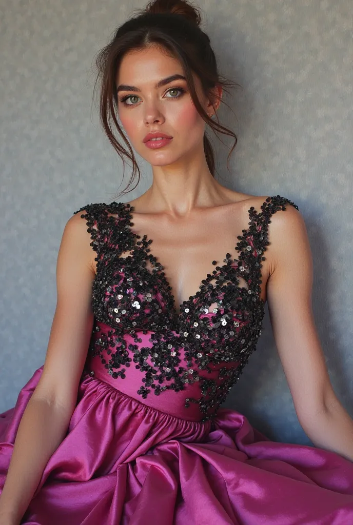 Hand painting of a model wearing a fuchsia silk dress with black sequin 