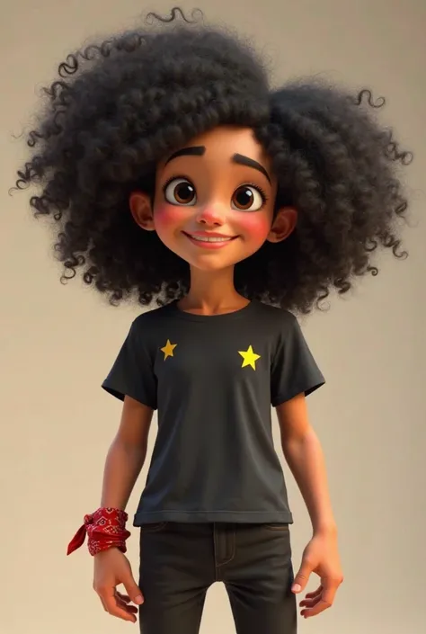 create an image of a 3D girl in pixar style, light skin, dark eyes, wide smile, voluminous black power style hair with lots of shoulder-length curls. He wears a large black t-shirt, black pants, and a pair of yellow stars. On his wrist he wears a red banda...