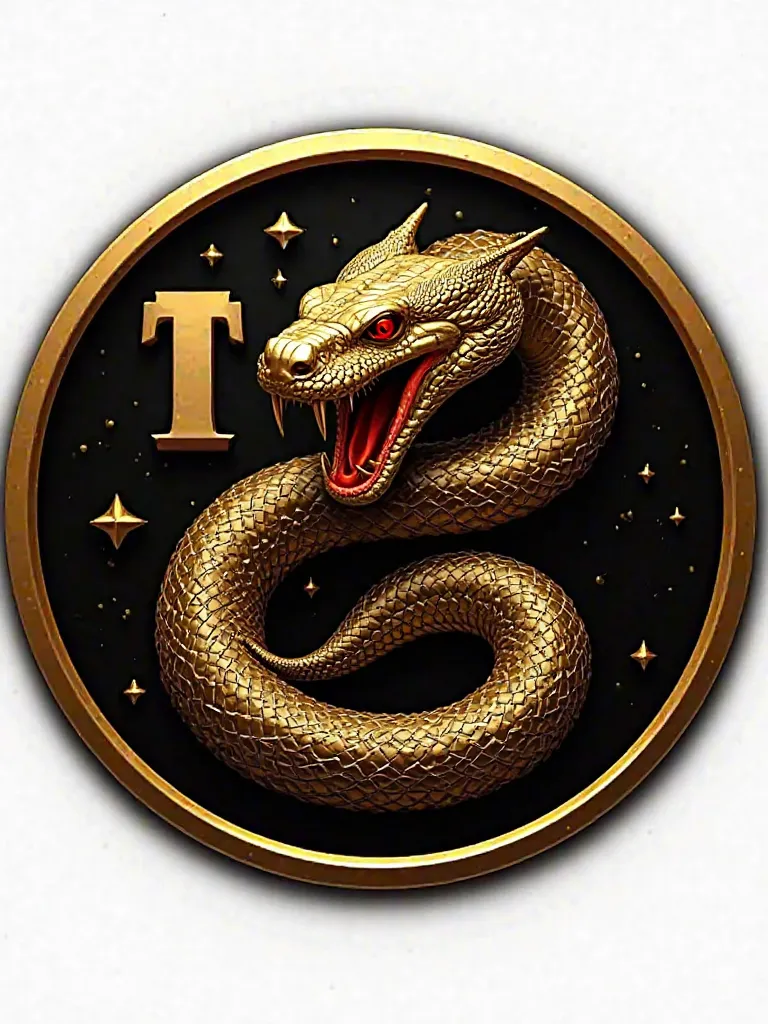 Give me a round logo with gold borders and hyper realistic black background of a screaming golden serpent with red eyes wrapped between the gold letters " M a g i a
&  v o c e " , the background is totally white 