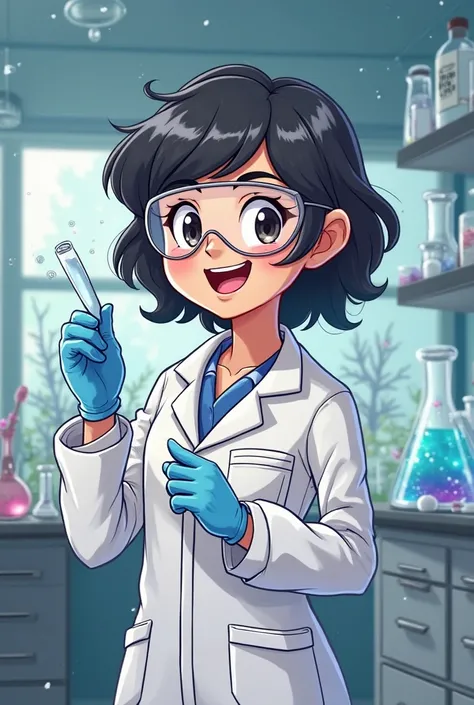 Make a cartoon of a happy, black-haired bacteriologist in the lab 