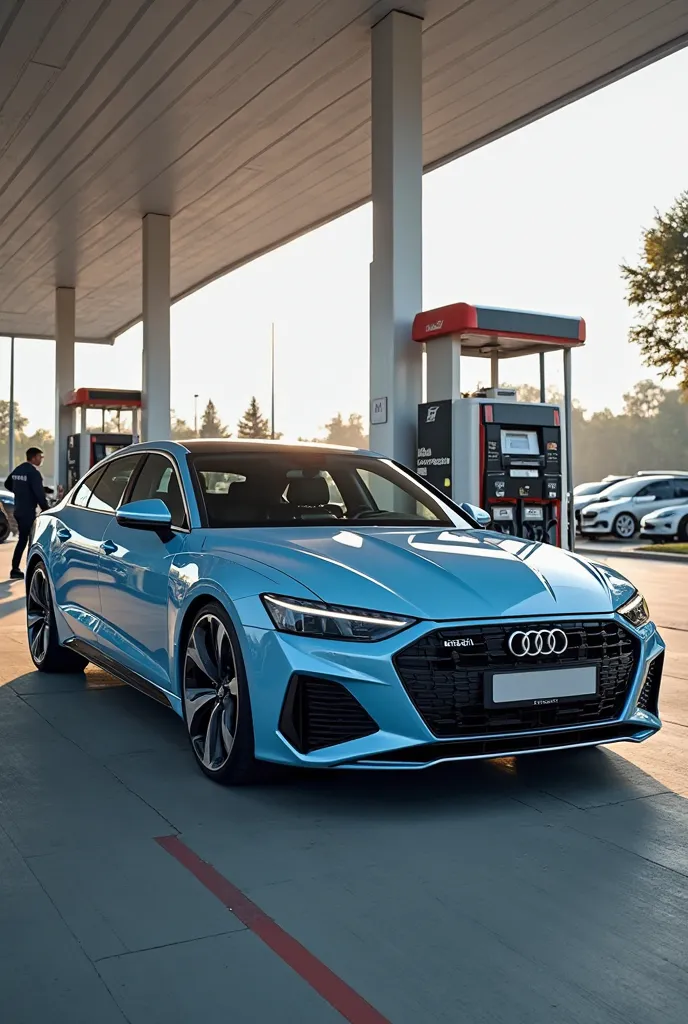 A baby blue Audi at a gas station 