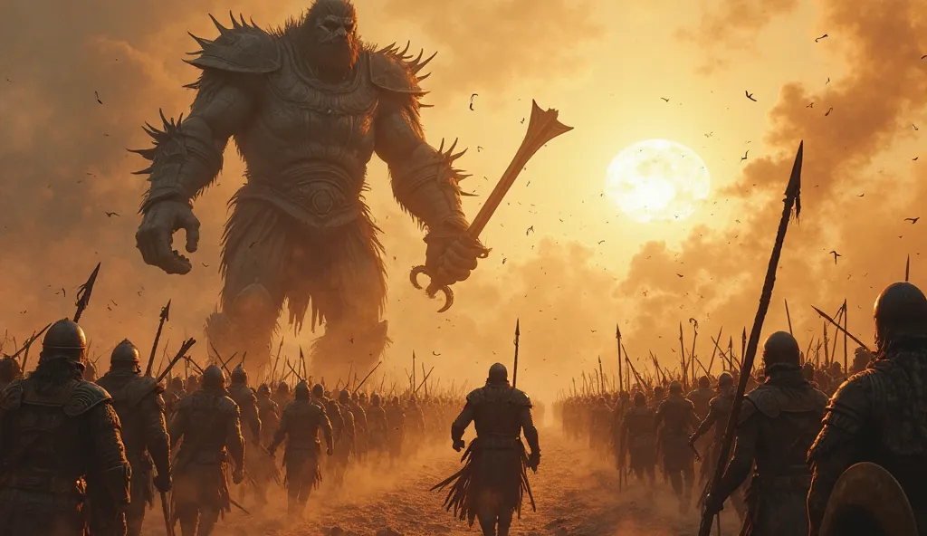 A chaotic ancient battlefield where colossal Nephilim warriors fight against an army of humans. The giants, standing over 3-4 meters tall, wield massive weapons like enormous swords and clubs. Their armor is made of crude metal and animal hides. The human ...