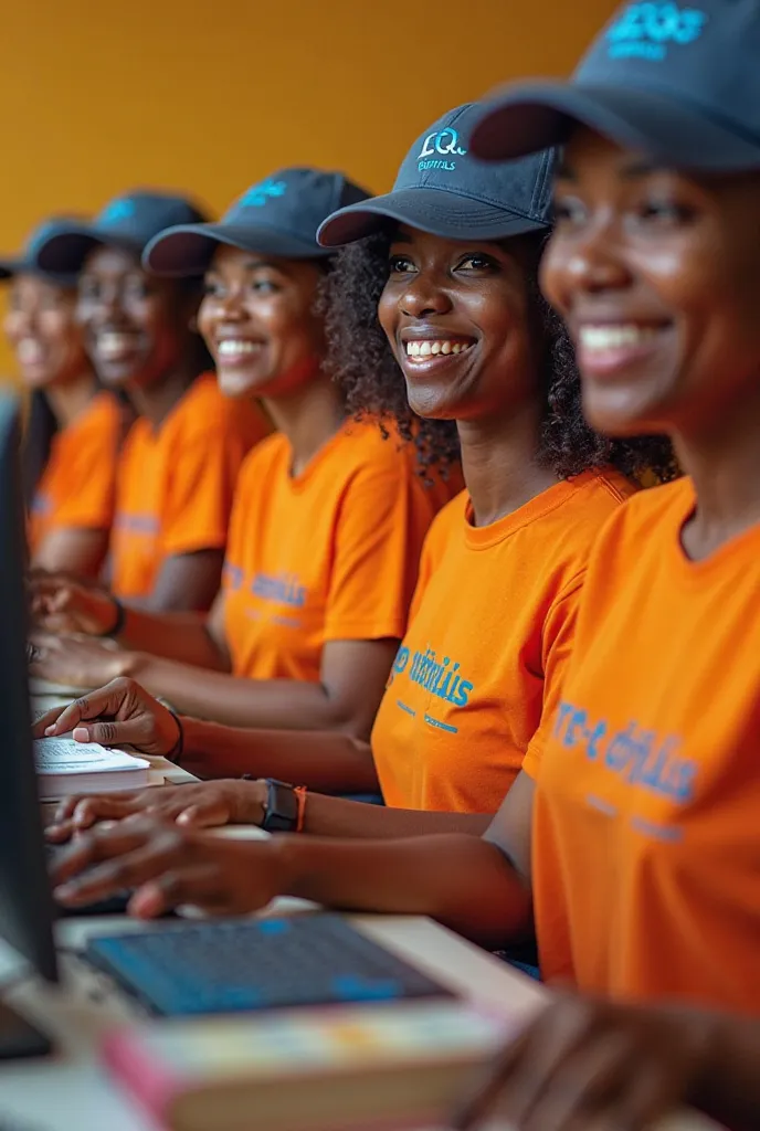 6 african ladies  joyful wearing oranged  tshirts and cap, each tshirt and each cap labled TEQ DIGITALS blue color text.Who are in block chain computerized room and each of them carry printed selling invoice /receipts group of books