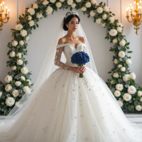 "A stunning princess dressed in a magnificent white ball gown, decorated with subtle sparkles and small clear diamonds on the sleeves. The fitted bodice sparkles with sparkling stones instead of embroidery, and the voluminous skirt creates an ethereal effe...