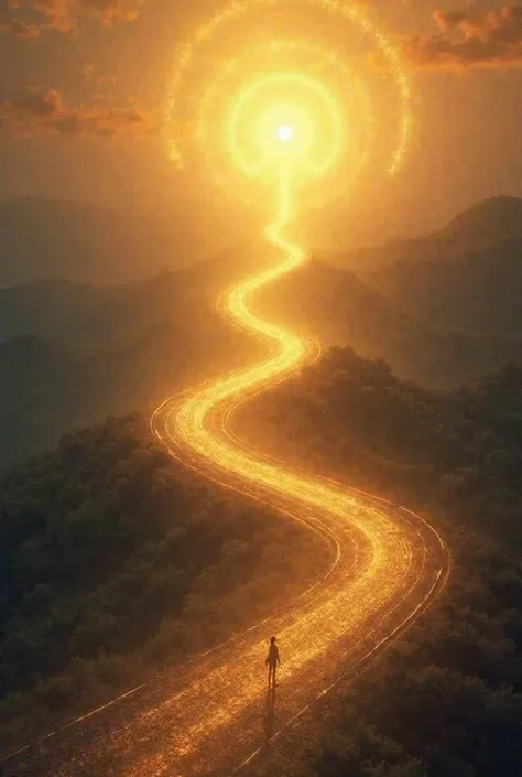 A long road, but with a golden glow at the end, showing that the path is open to new possibilities.