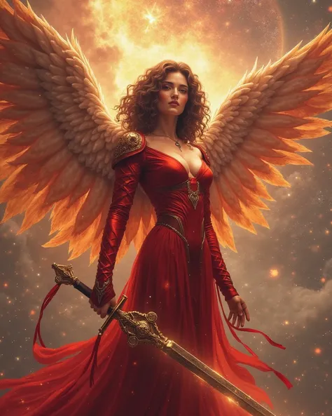 A beautiful happily female warrior angel floats in space, galactic nebula and stars, with curly brown hair, With a proud facial expression , In a long Red classy futuristic Warrior suit holding an old religious glowing sword. photorealistic, very detailed,...