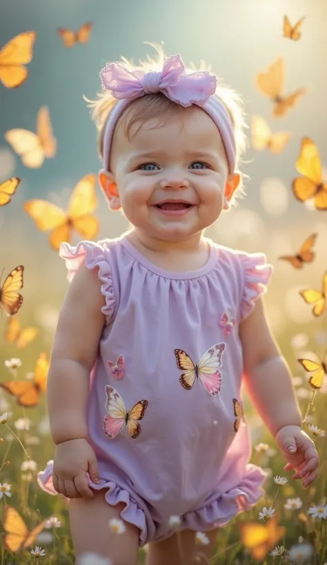 Butterfly Dream Baby – A joyful baby with radiant sapphire-blue eyes, standing confidently with their whole body visible, face very close to the lens. They wear a lavender romper with embroidered butterflies and a matching headband. The fantasy backdrop gl...