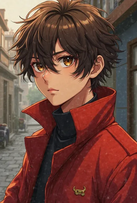 brown and curly haired male character,  with brown eyes, Wearing a red coat from Toca in the anime format