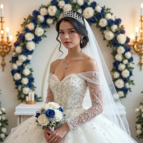 "A stunning princess dressed in a magnificent white ball gown, decorated with subtle sparkles and small clear diamonds on the sleeves. The fitted bodice sparkles with sparkling stones instead of embroidery, and the voluminous skirt creates an ethereal effe...