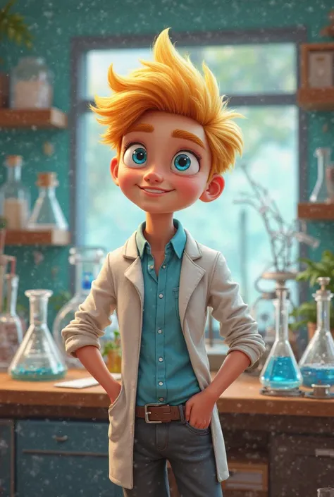 young chemistry teacher, blonde with a square with blue eyes , a bit chubby