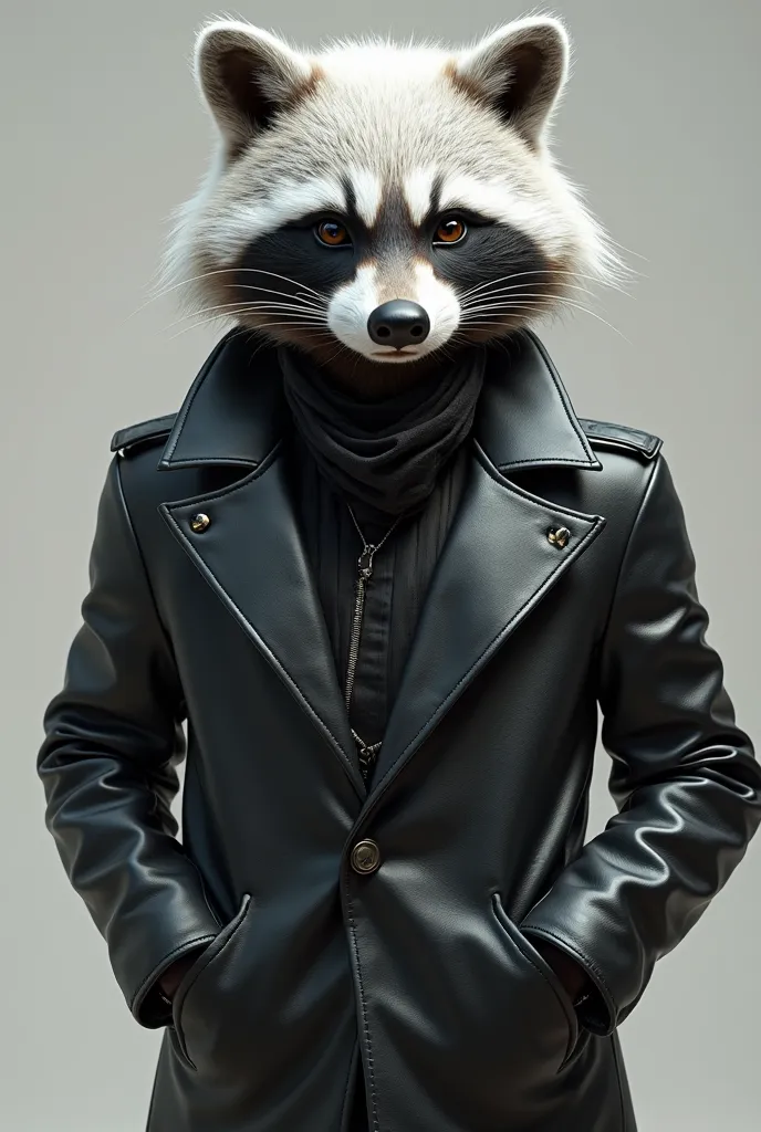 Do a raccoon with white hair in a black or silver leather jacket with a mask and pose