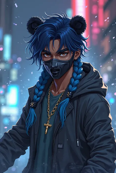 A black light skin male age of 22 with bear face mask Has blue and black fade out braids doing a action pose and in a anime hairstyle