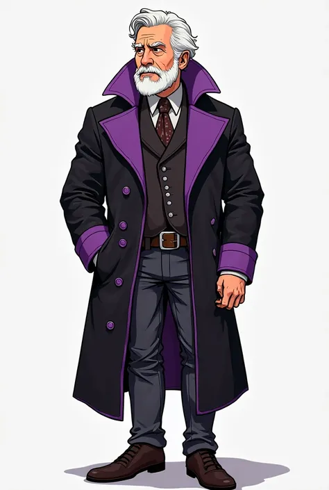 A full-bodied, non-muscular man in his 40s looking forward with his body on his side, wearing a black and purple steammpunk overcoat, with medium white hair and a small white beard in realistic cartoon style. Show your whole body from head to toe 