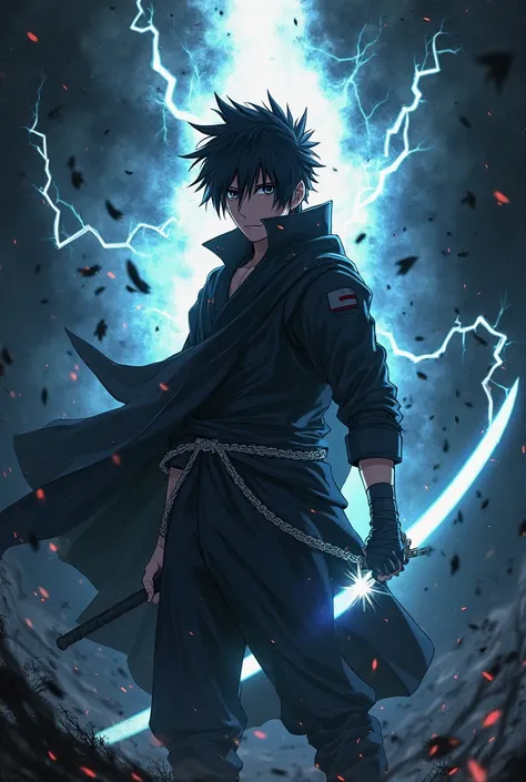 Darkest Black background, a boy like Sasuke Uchiha  black hair holding a lightning sword in his hand and a with white lights behind him, Cedric Seaut (Keos Masons), shock art, anime visual, an anime drawing attacking with sword 