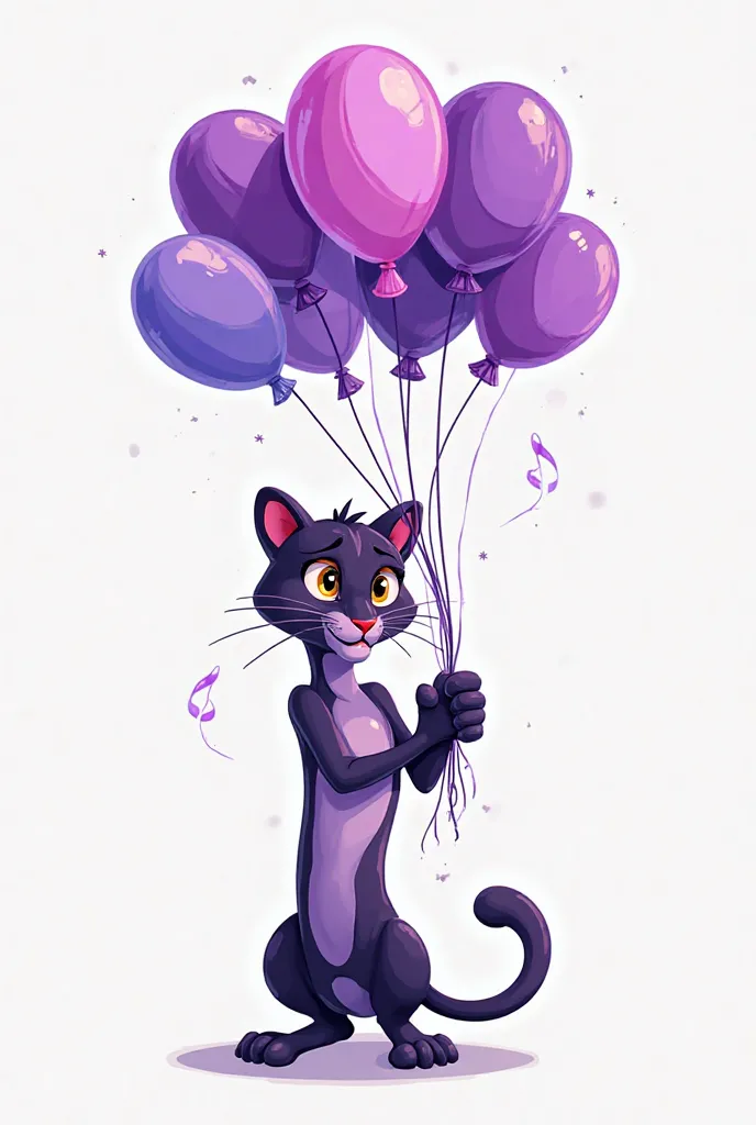 Create a cartoonized panther for a cartoon holding purple balloons