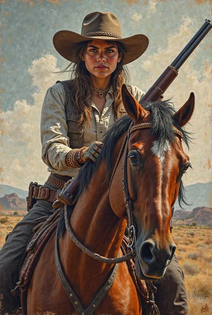 modern painting, Cowgirl woman in attack position with carbine and horse on her side 