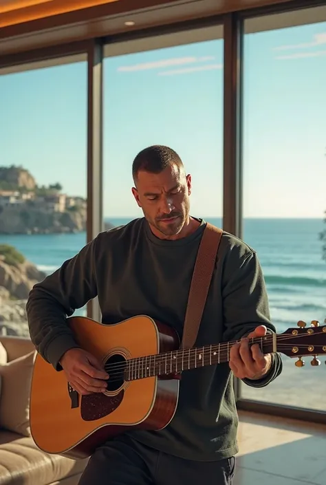 Create an image for my ad, a strong man in a sweatshirt, playing the guitar in a luxury room, Overlooking the sea, with some real estate in the background 