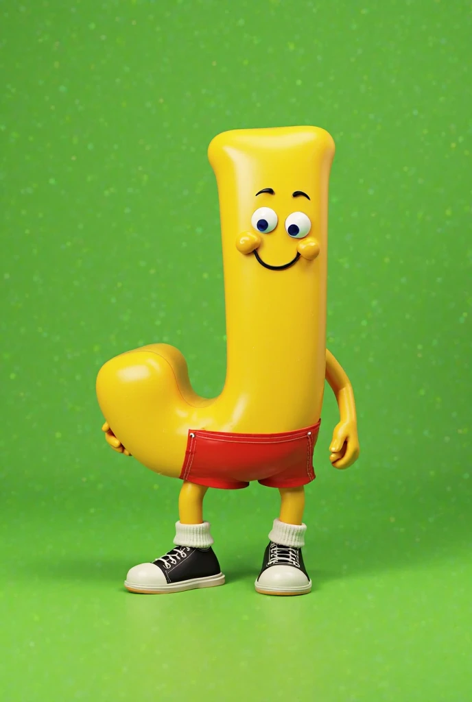 The yellow letter J with red shorts, white socks and animated black shoes with short arms and legs and a smiley face.,  The background is green . 3d