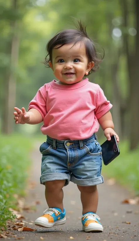 "A quirky full-body photo of a cute chubby baby wearing denim shorts and pink top with cellphone in his hand.  The baby's sweet expression adds to the overall enchanting feeling .  Generate a creative caption emphasizing the cuteness and artistic merit of ...