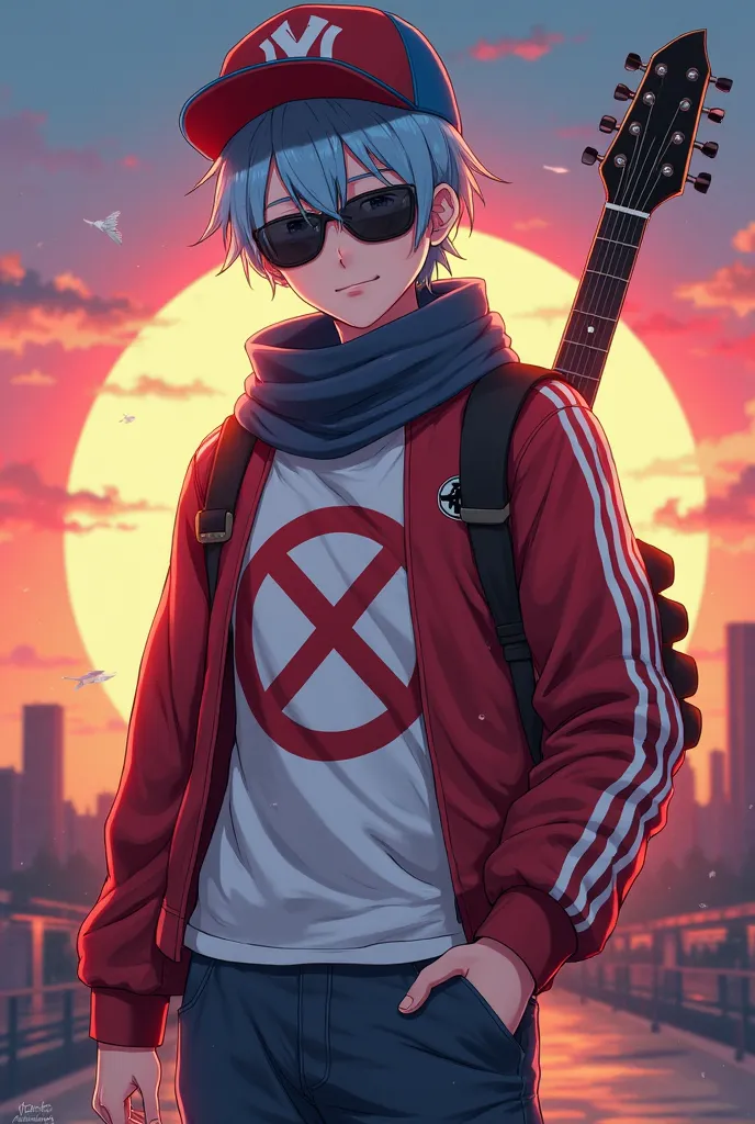  Adult anime boy with light blue hair and wearing a red and blue cap,  with prohibition symbol on the white shirt,  wearing a red jacket with white stripes , with sunglasses and with a scarf and with a black guitar, watching the sunset  🌇