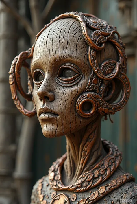 sculpture of a wooden head with a medieval dimension of copper rings