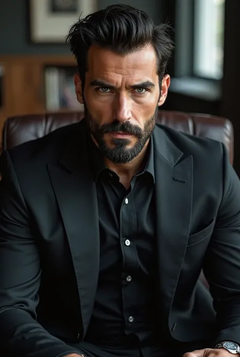 Modern and elegant man, Bonnie and Clyde style (half-body). A CEO sitting in a chair in the middle of an office, wearing a black suit, with a dark beard, thick masculine eyebrows, a mysterious and serious expression, and blue eyes.