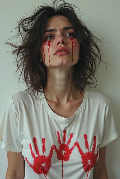 Hand prints painted in red on the nipple,messy bulk hair,A crying woman,tears transparent ,white t-shirt on top