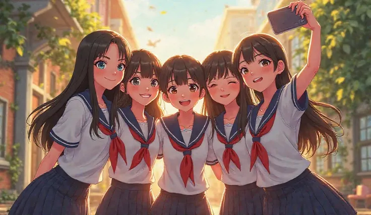 Five beautiful Disney girls wearing school uniforms are filming a selfie with the phone in the hands of the first girl on the left