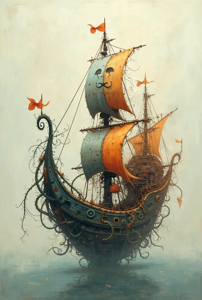 I need to generate an abstract image for a painting with neutral colors. And the only touch of color is a Caravel, half structured with mustaches and the other half organic with curlers 