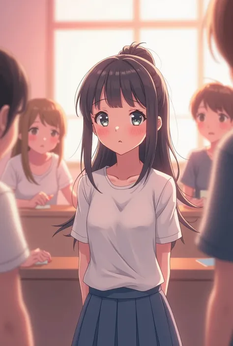 "An anime-style illustration of several friends teasing a shy schoolgirl with fair skin and a black ponytail with slight bangs, wearing a plain white school shirt and a blue skirt. The schoolgirl looks slightly embarrassed. The scene takes place in a class...