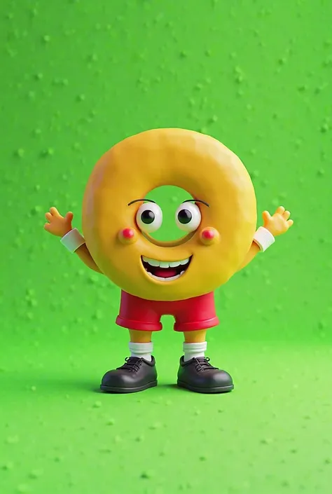 The yellow letter O with red shorts, white socks and black shoes in an animated way to give a cool short legs and a smiley face,  The background is green . 3d