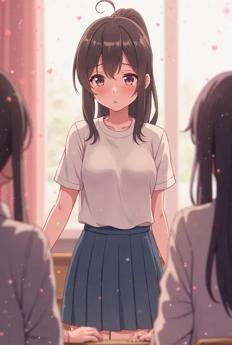 "An anime-style illustration of several friends teasing a shy schoolgirl with fair skin and a black ponytail with slight bangs, wearing a plain white school shirt and a blue skirt. The schoolgirl looks slightly embarrassed. The scene takes place in a class...