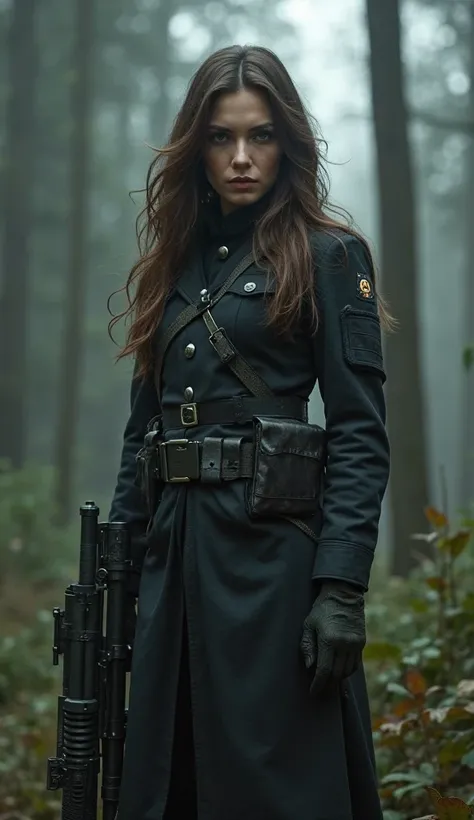 Rude Russian girl with a gun in her hands a gray-eyed brown-haired woman with pale skin in the forest
All her clothes are black and military
Full length !!!!
 The weather is cloudy 