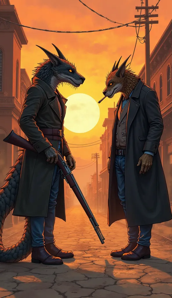 Zoomorphs - Darius Dragon from Comodo and Rurik Tigure from Vengala together —:comic - Description of the scene
The town's main street becomes the scene of an inevitable confrontation. The setting sun colors the sky with shades of orange and red, casting l...