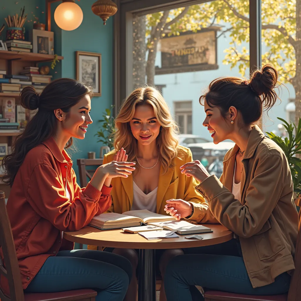 Literary fuss with three modern women in a coffee shop 