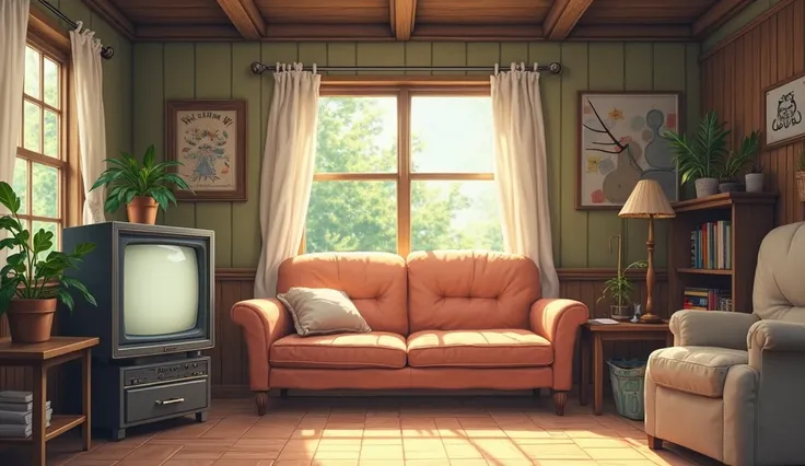 inside of a farm house, an old tv and sofa and some other stuffs in the house, it's a warm house, daytime, anime-style