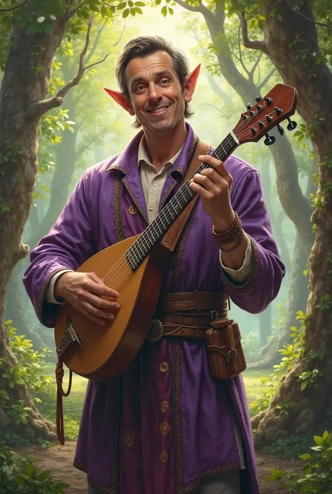 Adam Sandler the actor as a male Half elf Bard with purple clothes