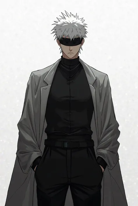 You have a gojo from the anime Jujutsu Kaisen with your eyes covered with a band and black clothes and short hair and totally white hair and that he is a man and that the clothes do not have a jacket