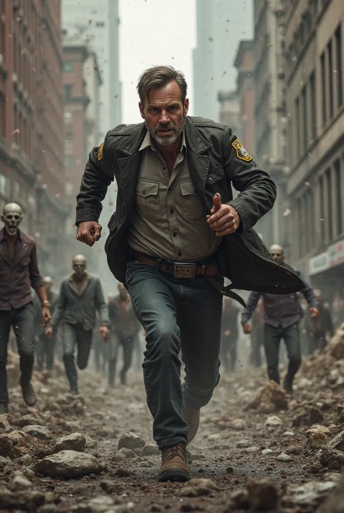 Rick grimes in a constable officer uniform running from a horde in the middle of New York City 