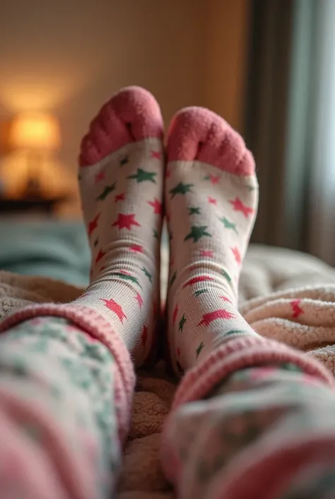 Ultra-realistic photo of a woman's legs wearing cute, patterned socks and cozy pajama pants, taken from a first-person perspective (POV) as if the girl is holding a smartphone and capturing the photo herself. The socks are colorful and fun, covering the fe...