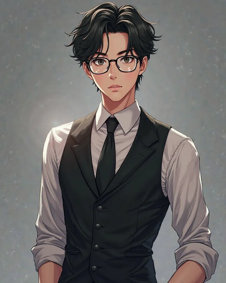 anime standing young man
 black tie and a waistcoat and glasses. The image must be in 8k
