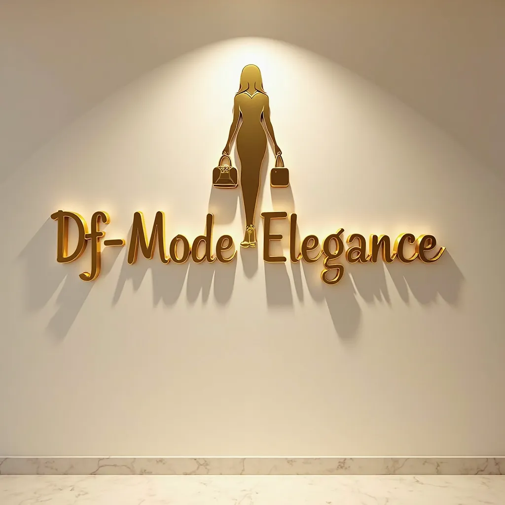 2D logo on the beige white wall, com o nome Df-Mode-Elegance,   capital letters in gold, with golden lights,with symbol of a woman holding two gold-colored bags,   professional style,  in graphic design.