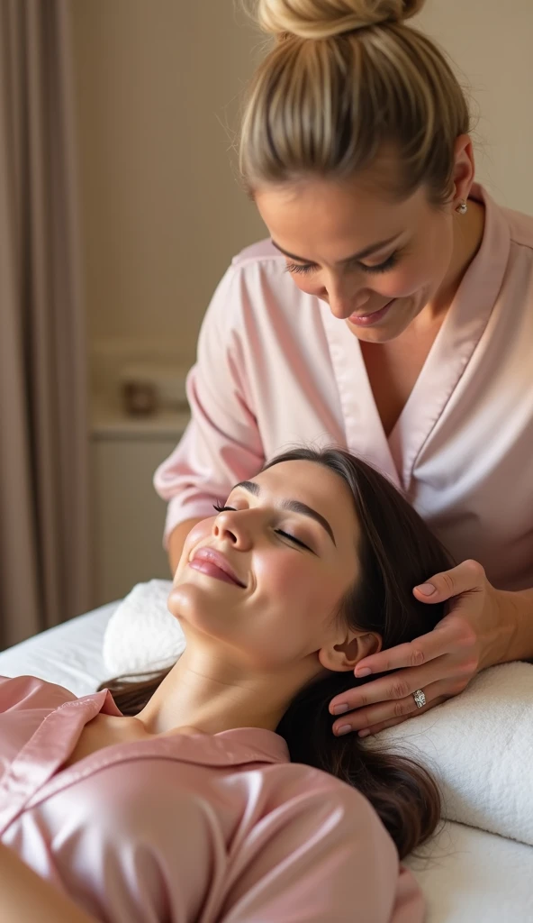 distant perspective, 1 woman lying in a beauty salon, calm, wearing a pink silk dressing gown, brunette (very well seen, relaxed state), 1 female masseur 40 years old, blond hair, giving a facial massage, hands on her face, in white uniform. masseur's face...