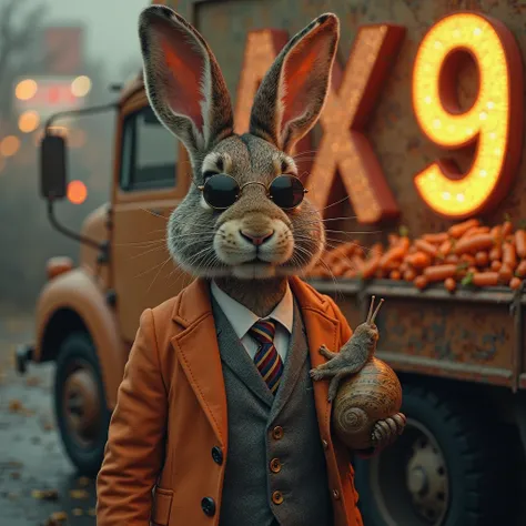 Old bunny as drug dealer in english suit like in Guy Ritchie movie the gentlemen, in a good mood, with sunglaces, Is a truck full of carrots.  Snail next to it .   Glowing XP9 lettering in the background  