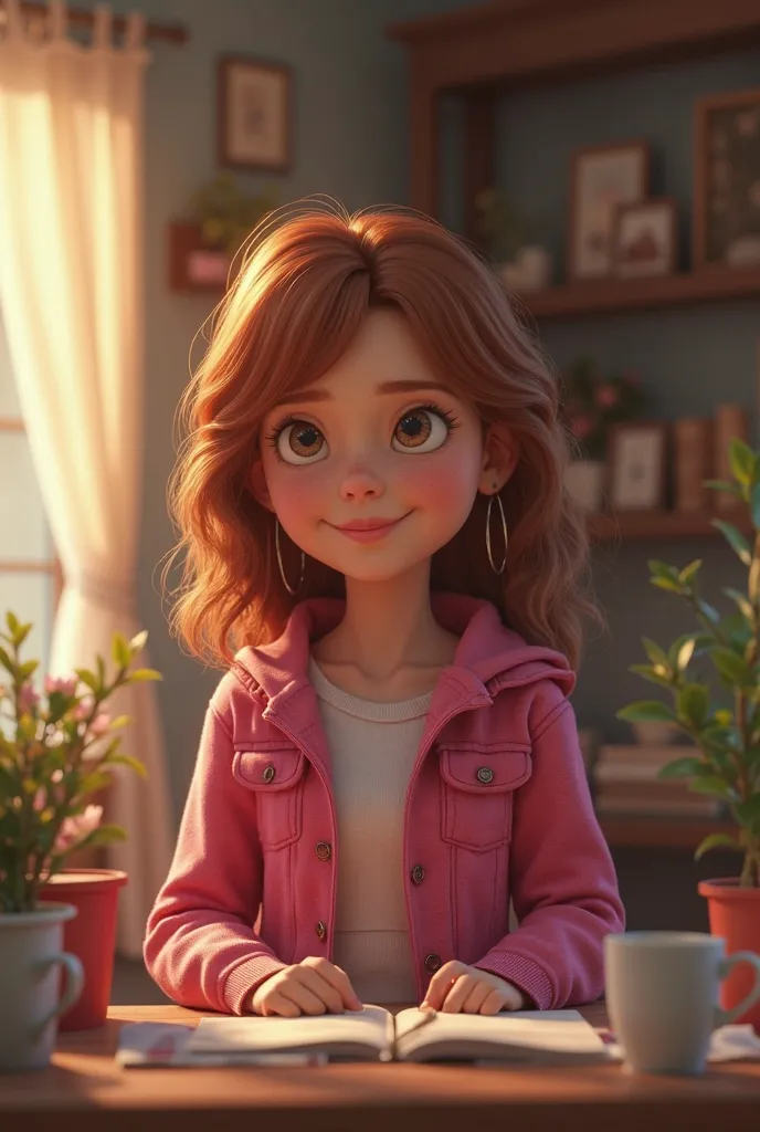 Humanized image of Little Pink Riding Hood, 15-year-old , wearing a pink jacket, Talking with her mom at home