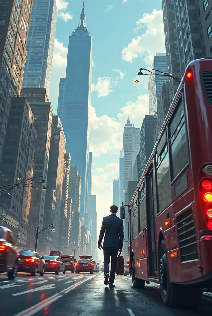 City with large buildings and heavy traffic. The young man is seen getting off the bus and going to work in a building