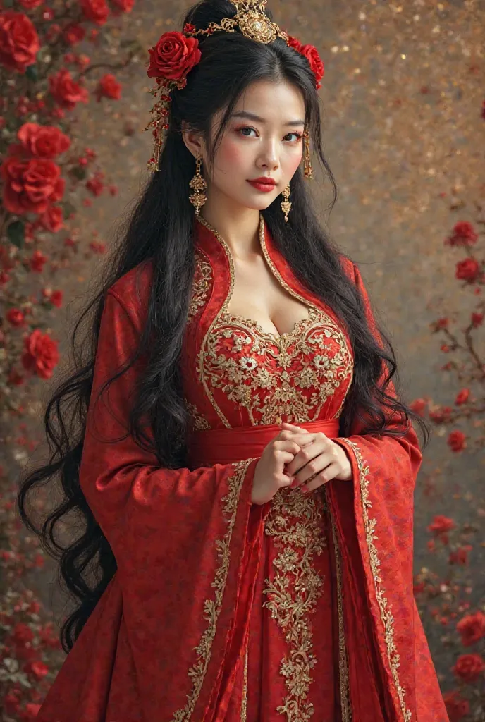 Créez un superbe portrait d’une impératrice de Chine, femme royale aux longs cheveux noirs flottants ornés de fleurs rouges. Elle porte une robe rouge au design complexe avec des accents dorés, mettant l'accent sur l'élégance et la force. L'arrière-plan pr...